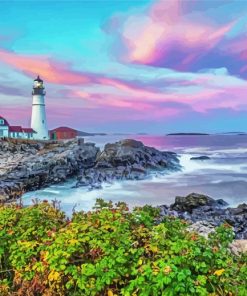 Aesthetic Portland Lighthouse Sunset Diamond Painting