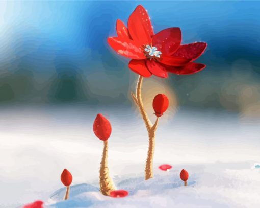 Beautiful Red Spring Flower In Snow Diamond Painting