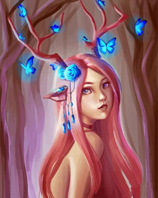 Deer Lady And Butterfly Diamond Paintings