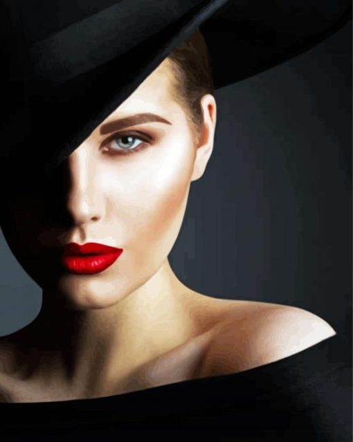 Gorgeous Lady In Black Hat With Bright Lipstick Diamond Paintings