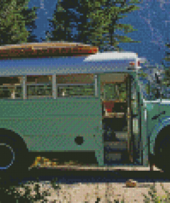 Green Skoolie Bus In The Mountain Diamond Paintings