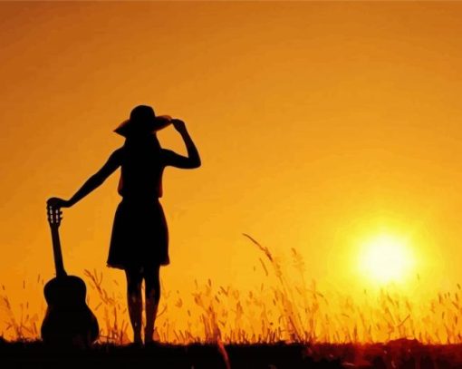 Lady And Guitar Sunset Diamond Paintings