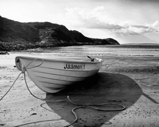 Monochrome Beach With Row Boat Diamond Paintings