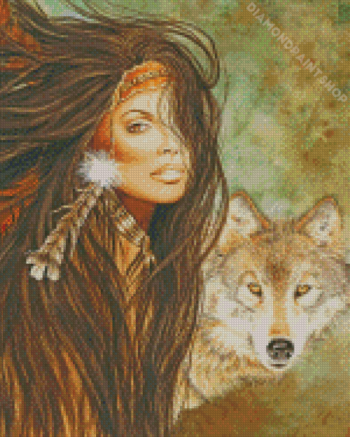 Native Indian Woman And Wolf Art Diamond Paintings