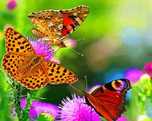 Purple Flowers With Butterflies Diamond Paintings