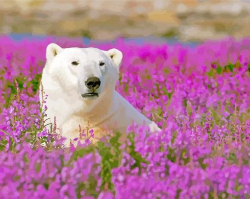 White Polar Bear In Flowers Field Diamond Painting