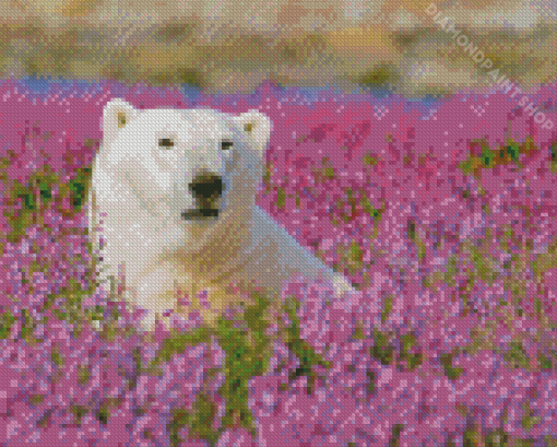 White Polar Bear In Flowers Field Diamond Painting