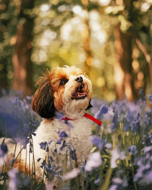 Cavachon And Flowers Diamond Painting