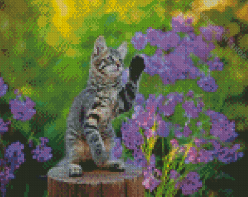 Kitten With Purple Flowers Diamond Painting