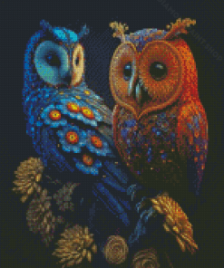 Orange And Blue Owls Diamond Painting