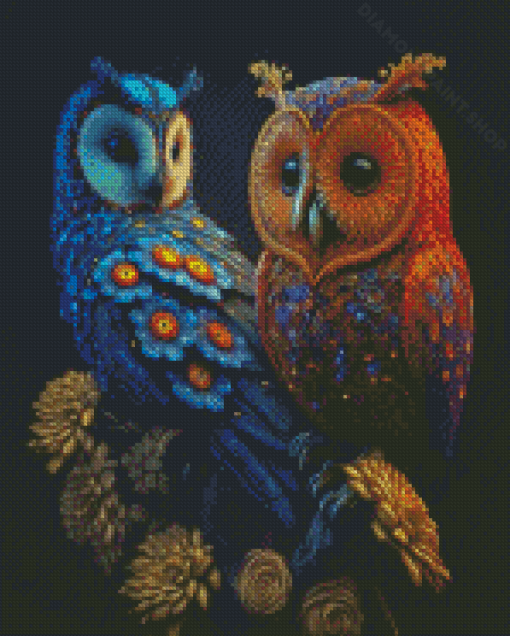 Orange And Blue Owls Diamond Painting