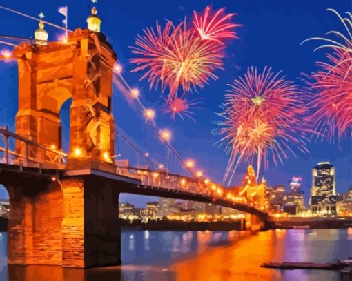 Cincinnati Roebling Bridge Fireworks Diamond Painting