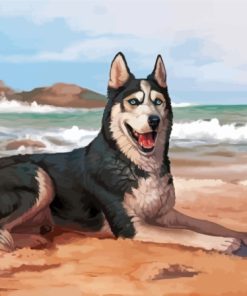 Husky Dog In The Beach Diamond Painting