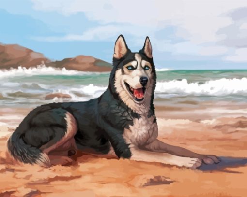 Husky Dog In The Beach Diamond Painting