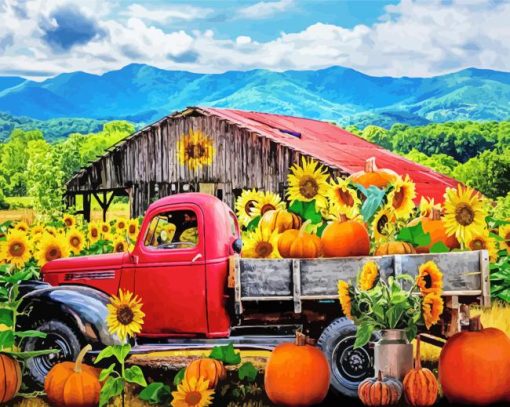 Sunflower And Farm Truck Diamond Painting