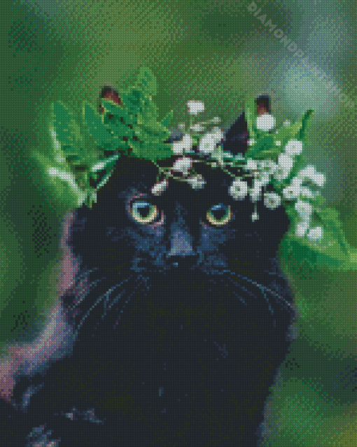 Black Cat Floral Crown Diamond Painting