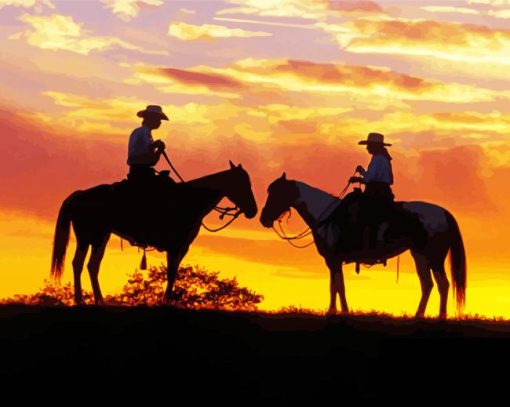 Aesthetic Western Couple Silhouette At Sunset Diamond Painting