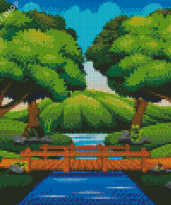 Cartoon Landscape Forest Wooden Bridge Diamond Painting