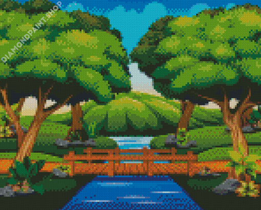 Cartoon Landscape Forest Wooden Bridge Diamond Painting