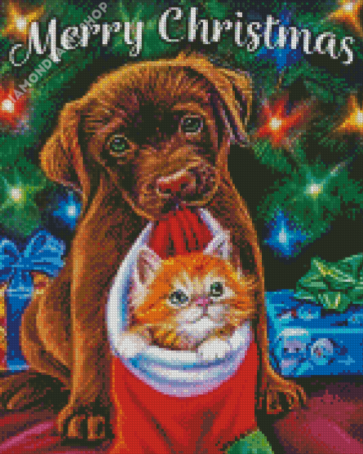 Christmas Dog With Cat Diamond Painting