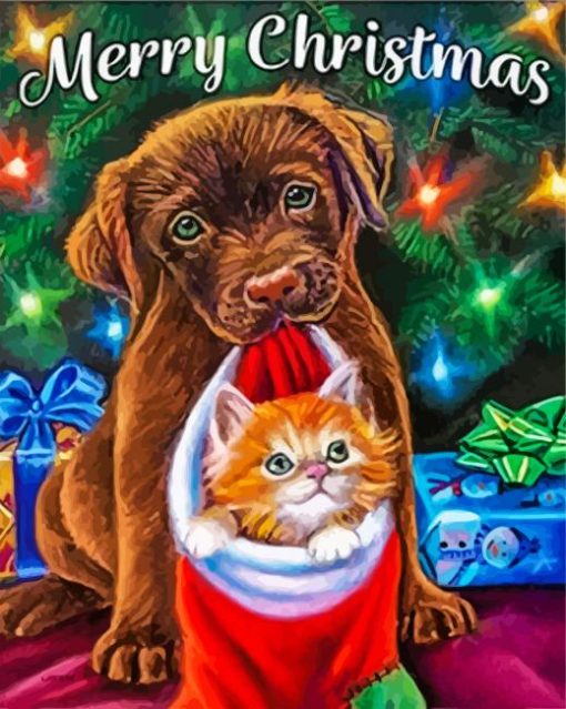 Christmas Dog With Cat Diamond Painting