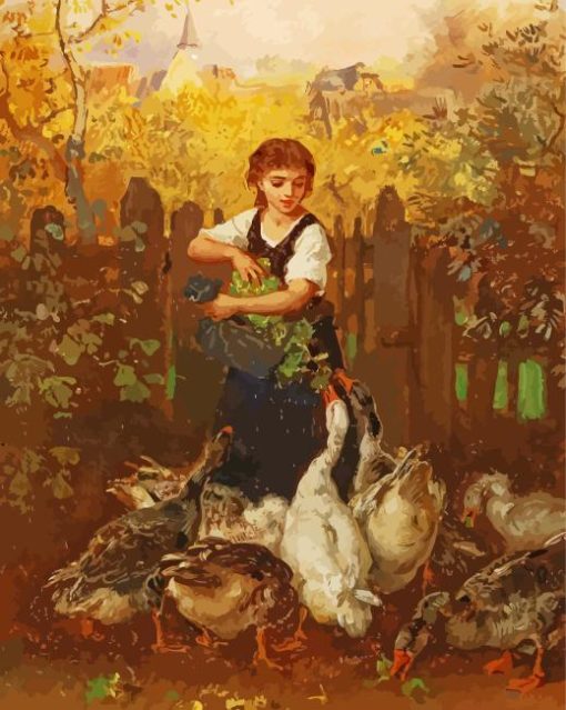 Girl Feeding Geese Diamond Painting