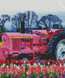 Pink Tractor In Flowers Field Diamond Painting