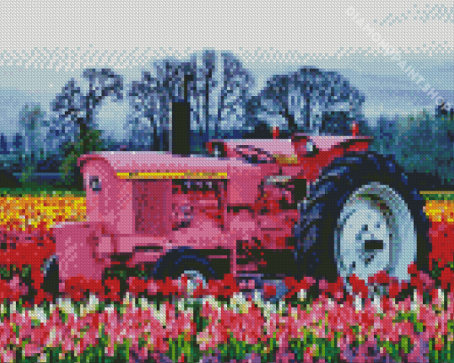 Pink Tractor In Flowers Field Diamond Painting