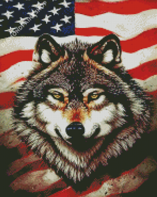 Grey Wolf And American Flag Diamond Painting