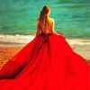 Lady In Red Dress On The Beach Art Diamond Painting