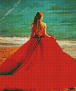 Lady In Red Dress On The Beach Art Diamond Painting