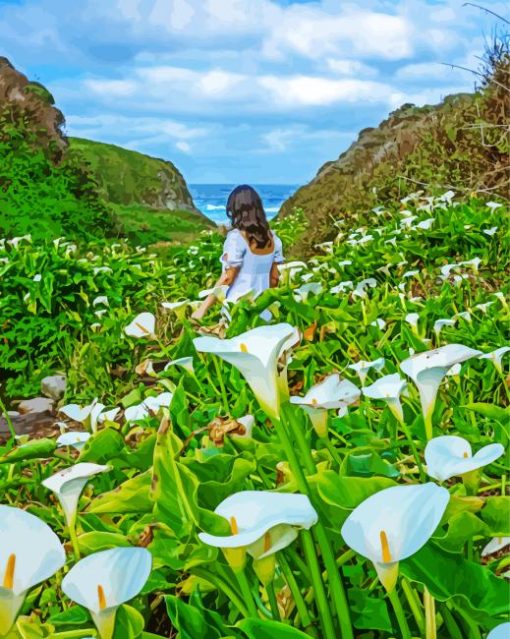 Woman In Calla Lily Valley Daimond Painting